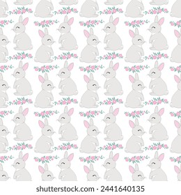 Seamless pattern with cartoon bunnies for kids. Abstract art print. Hand drawn background with cute animals. Vector illustration
