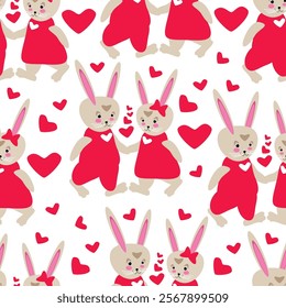 Seamless pattern of cartoon bunnies in love among hearts - vector background for packaging design, fabric