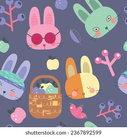 Seamless pattern with cartoon bunny, apples and berries. Autumn pattern on blue background. Vector illustration.