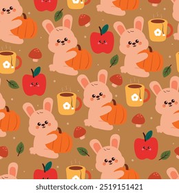 seamless pattern cartoon bunny with autumn vibes. cute autumn fall wallpaper for fabric print, gift wrap paper
