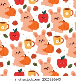 Conejito de dibujos animados de patrón sin costuras con vibraciones de otoño Fondo de pantalla lindo de otoño para impresión de tela, papel de regalo