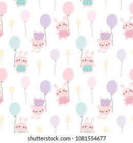 Seamless Pattern of Cartoon Bunny with Balloon Design on White Background