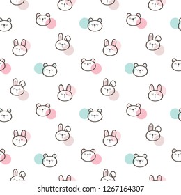 Seamless Pattern of Cartoon Bunny and Bear Face Design on White Background with Pastel Dots
