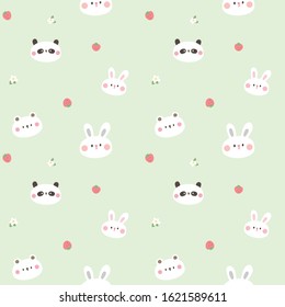 Seamless Pattern of Cartoon Bunny, Bear and Panda Face, Strawberry and Flower Design on Light Green Background