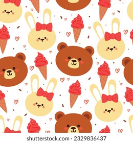 seamless pattern cartoon bunny and bear with strawberry ice cream. cute animal wallpaper for textile, gift wrap paper