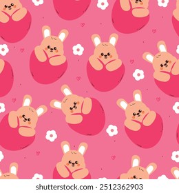 seamless pattern cartoon bunny with big pink heart balloon. cute wallpaper for fabric print, gift wrap paper