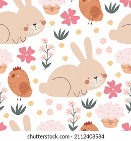 Seamless pattern with cartoon bunny, chicken, easter cake, decor elements. Festive colorful vector for easter. hand drawing. design for fabric, wrapper, print