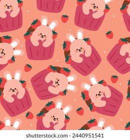 Nahtlose Muster Cartoon Hase und Cupcake. Nette Tiertapete für Textil, Geschenkpapier