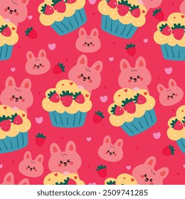 coelho desenho animado padrão sem costura com cupcake. papel de parede bonito para impressão de tecido, papel de embrulho para presente