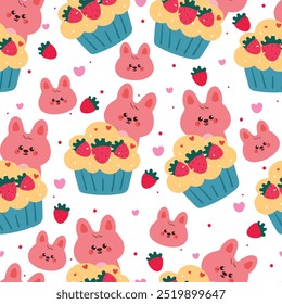 seamless pattern cartoon bunny with cupcake. cute wallpaper for fabric print, gift wrap paper