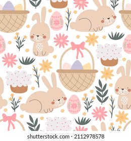 Seamless pattern with cartoon bunny, egg,  easter cake, decor elements. Festive colorful vector for easter. hand drawing. design for fabric, wrapper, print