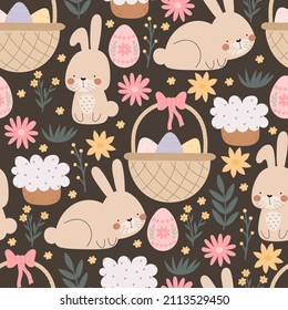 Seamless pattern with cartoon bunny, egg,  easter cake, decor elements. Festive colorful vector for easter. hand drawing. design for fabric, wrapper, print
