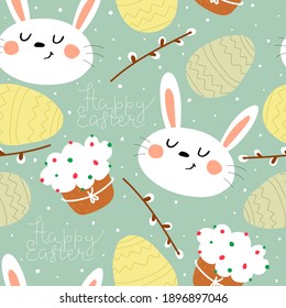 Seamless pattern with cartoon bunny, eggs, decor elements. Festive colorful vector for easter. hand drawing. design for fabric, wrapper, print