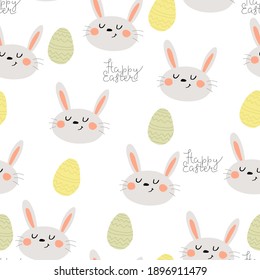 Seamless pattern with cartoon bunny, eggs, decor elements. Festive colorful vector for easter. hand drawing. design for fabric, wrapper, print