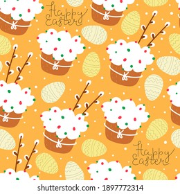 Nahtloses Muster mit Cartoon-Hasen, Eiern, Dekorelementen. Festliche bunter Vektorgrafik für Ostern. Handzeichnung. Design für Gewebe, Wrapper, Druck