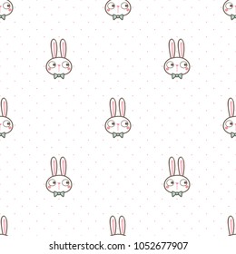 Seamless Pattern of Cartoon Bunny Face on White Background with Pink Dots