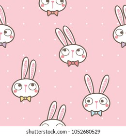 Seamless Pattern of Cartoon Bunny Face Design on Pink Background with Dots
