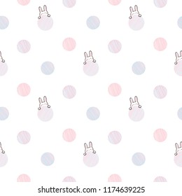 Seamless Pattern of Cartoon Bunny Face and Pastel Dot Design on White Background