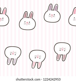 Seamless Pattern of Cartoon Bunny Face Design on White Background with Pink Stripes