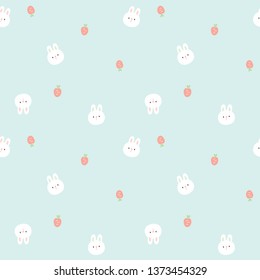 Seamless Pattern with Cartoon Bunny Face and Carrot Design on Pastel Green Background