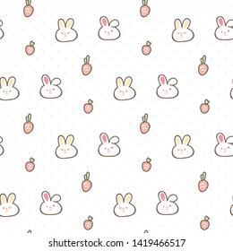 Seamless Pattern of Cartoon Bunny Face and Carrot Design on White Background with Pink Dots