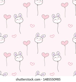 Seamless Pattern of Cartoon Bunny Face, Heart and Balloon Design on Pink Background