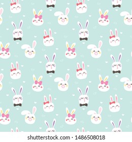 Seamless Pattern of Cartoon Bunny Face and Heart Design on Pastel Green Background