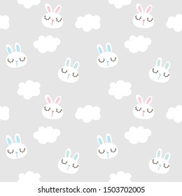 Seamless Pattern with Cartoon Bunny Face and Cloud Design on Light Grey Background