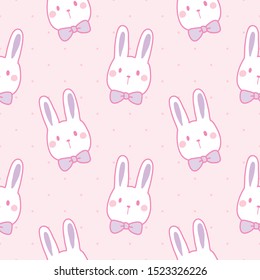 Seamless Pattern of Cartoon Bunny Face Design on Pink Background with Dots