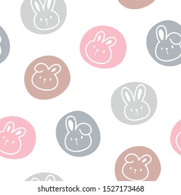 Seamless Pattern of Cartoon Bunny Face and Dot Design on White Background