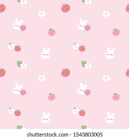 Seamless Pattern of Cartoon Bunny Face and Strawberry Design on Pink Background
