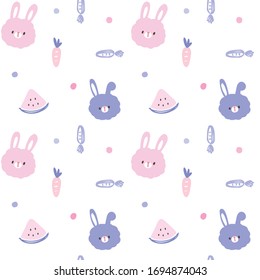 Seamless Pattern of Cartoon Bunny Face, Carrot and Watermelon Design on White Background
