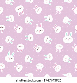 Seamless Pattern of Cartoon Bunny Face Design on Purple Background with White Dots