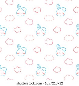 Seamless Pattern with Cartoon Bunny Face Design on White Background