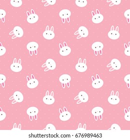 Seamless Pattern of Cartoon Bunny Face on Pink Background with Dots