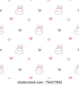 Seamless Pattern of Cartoon Bunny Face and Pastel Heart Design on White Background