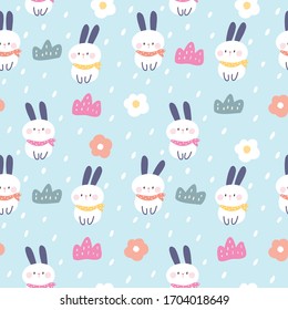 Seamless Pattern of Cartoon Bunny and Flower Design on Blue Background