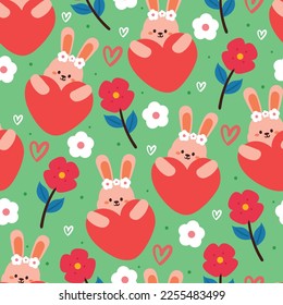 seamless pattern cartoon bunny, flower and heart. cute animal wallpaper for textile, gift wrap paper