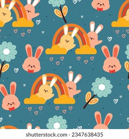 seamless pattern cartoon bunny, flower and sky element. cute animal wallpaper for textile, gift wrap paper