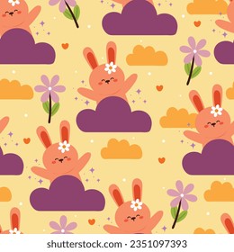 seamless pattern cartoon bunny, flower and sky element. cute animal wallpaper for textile, gift wrap paper