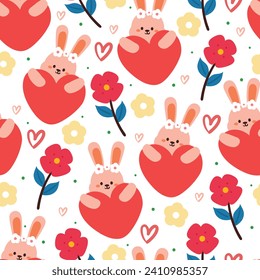 seamless pattern cartoon bunny, flower and heart. cute animal wallpaper for textile, gift wrap paper