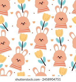 conejito y flor de dibujos animados de patrón sin fisuras. lindo Fondo de pantalla animal para textiles, papel de regalo