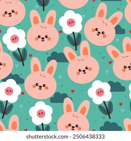 seamless pattern cartoon bunny with flower and clouds. cute wallpaper for fabric print, gift wrap paper