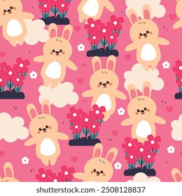 seamless pattern cartoon bunny with flower and clouds. cute wallpaper for fabric print, gift wrap paper