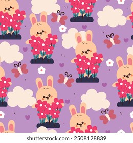 seamless pattern cartoon bunny with flower and clouds. cute wallpaper for fabric print, gift wrap paper