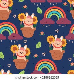 seamless pattern cartoon bunny, flowers basket, rainbow in blue sky. cute wallpaper for kids, textile, fabric print