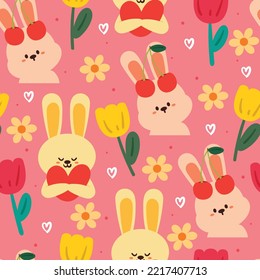 seamless pattern cartoon bunny and flowers. cute animal wallpaper for textile, gift wrap paper