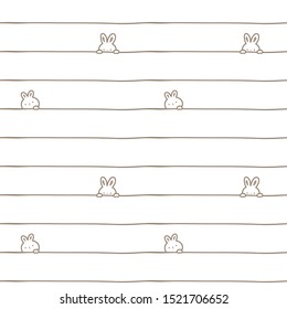Seamless Pattern of Cartoon Bunny Head and Line Design on White Background