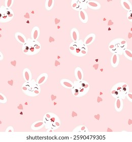 Seamless Pattern with Cartoon Bunny and Hearts on Pink Background, Vector Illustration
