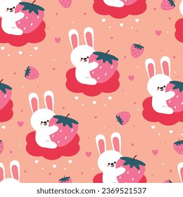 seamless pattern cartoon bunny holding a strawberry on a pink cloud. cute animal wallpaper illustration for gift wrap paper